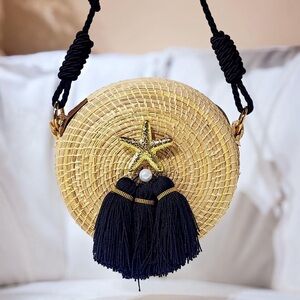 Chic Straw Round Bag with Black Tassels